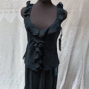 Ralph Lauren NWT Silk sleeveless Ruffle Top and Skirt 8/10 Black with Polka Dots